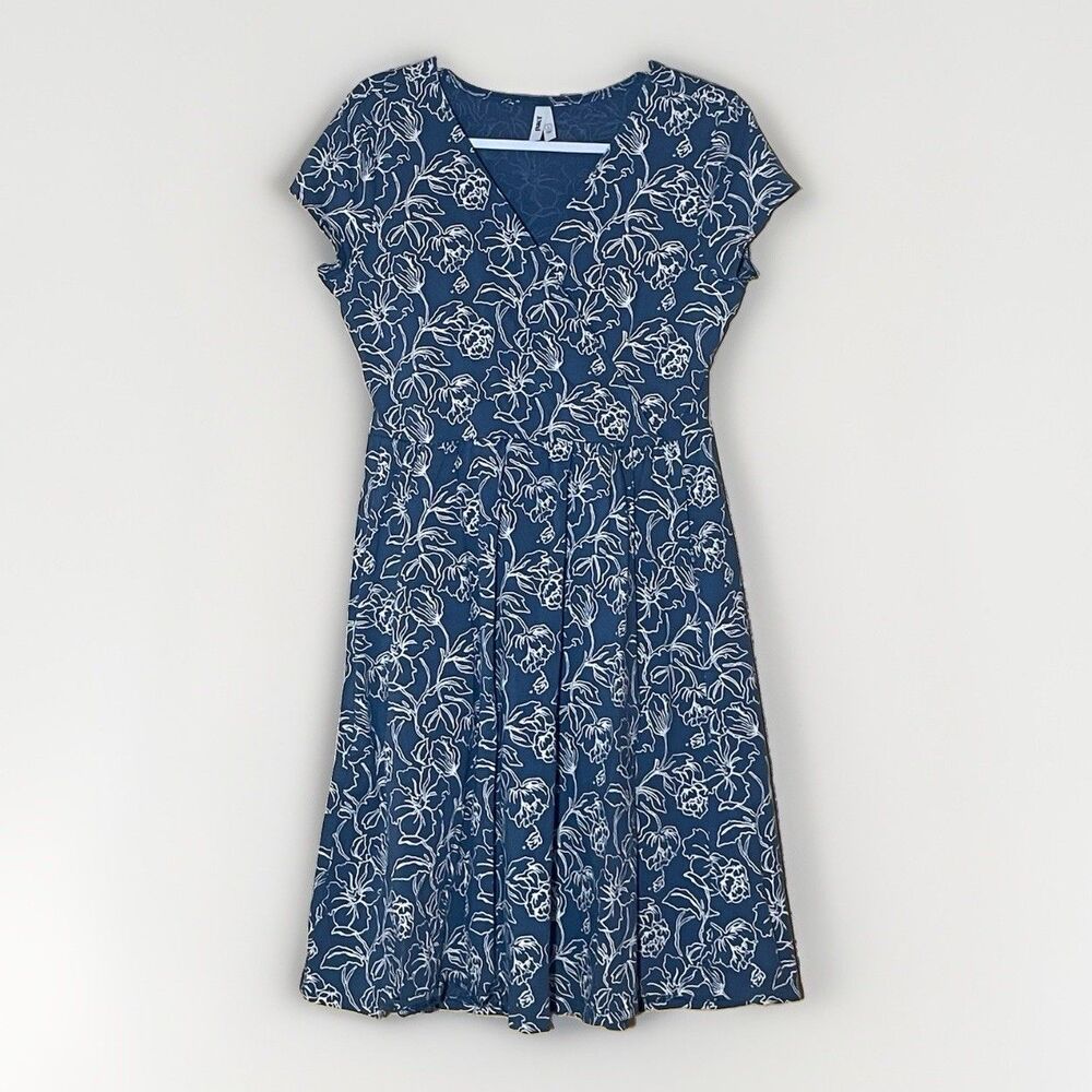 Pact Dress L Organic Cotton Jersey Blue Floral Faux Wrap Fit Flare Pockets